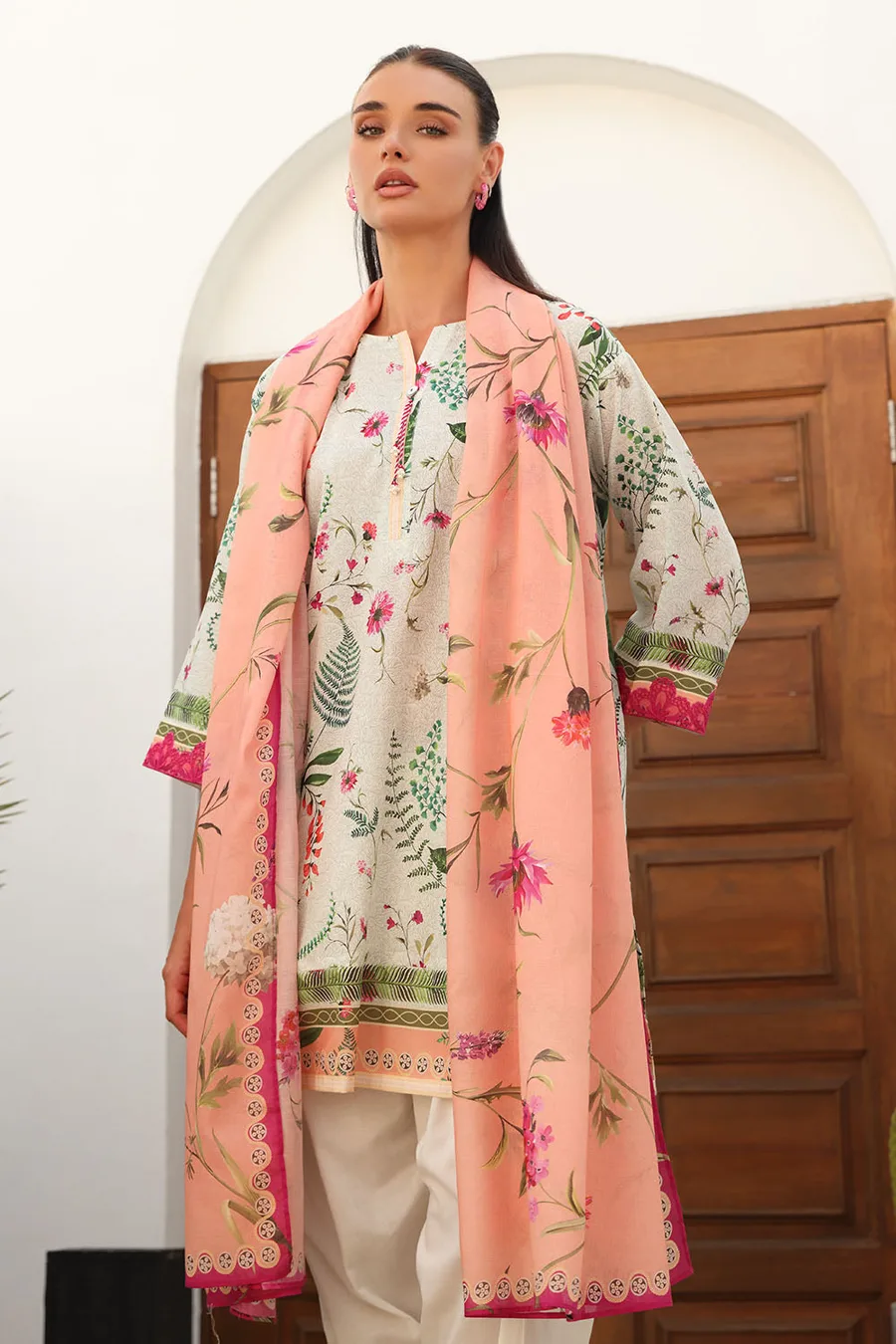 Gul Ahmed — 3 Piece Printed Lawn Suit with Printed Lawn Dupatta and Embroidered Neckline and Sleeve Laces — buy online Pakistan COD