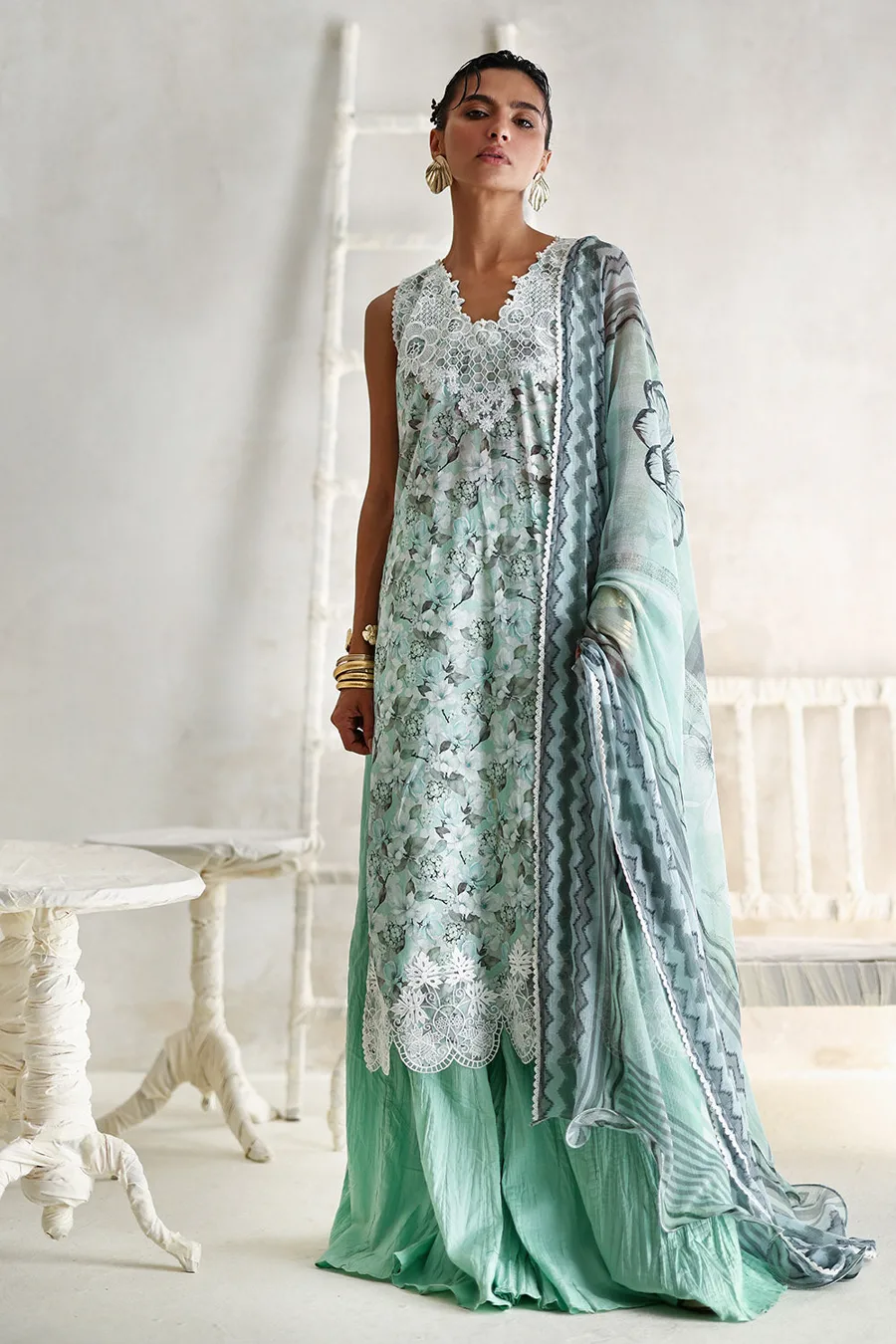 Gul Ahmed — 3 Piece Printed Lawn Suit with Printed Chiffon Dupatta and Embroidered Details — buy online Pakistan COD